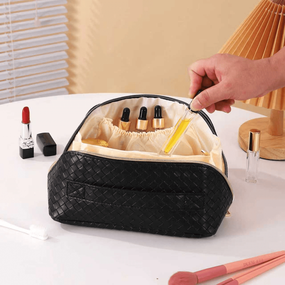 Compact Makeup & Toiletry Bag – Travel Organizer with Brush Slot