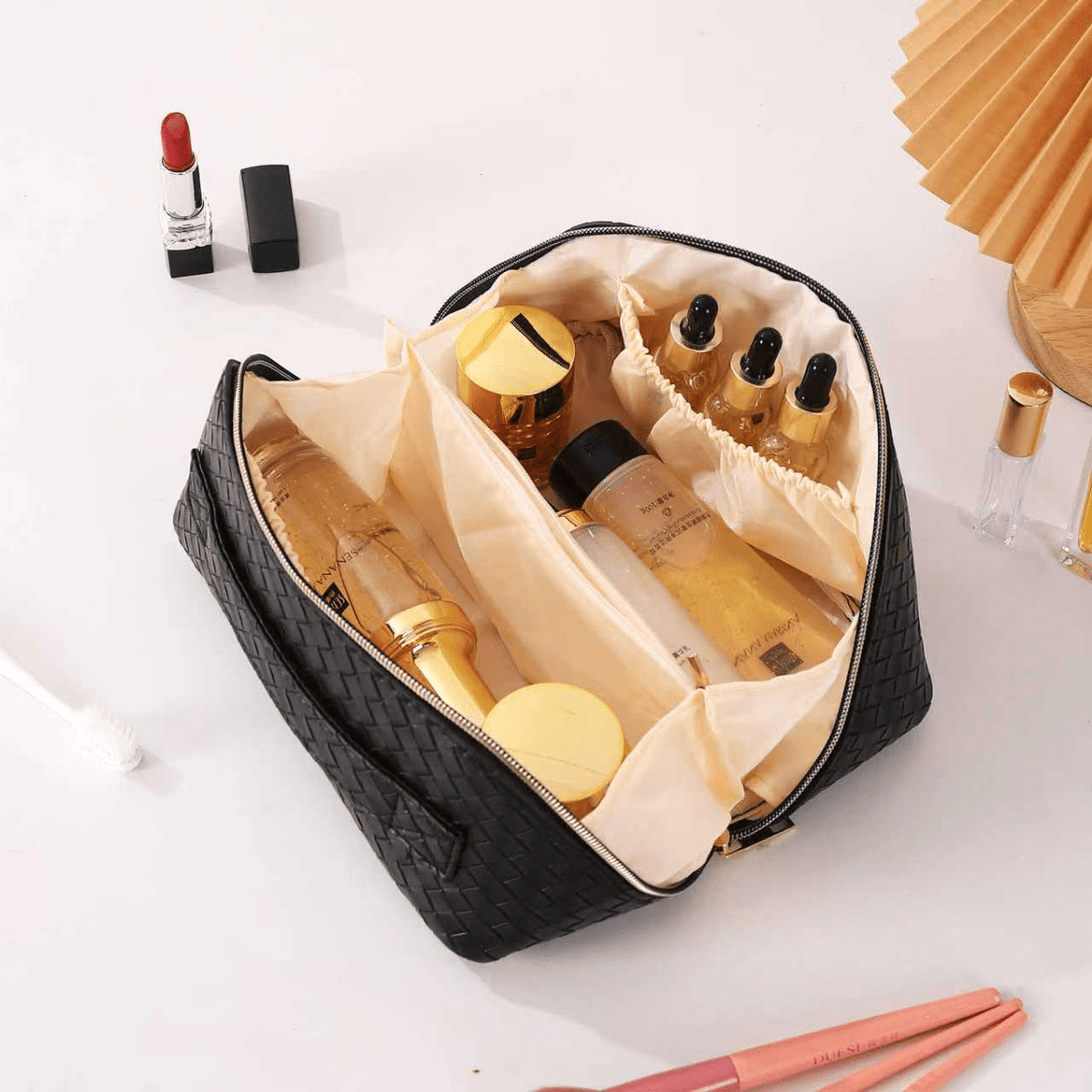 Compact Makeup & Toiletry Bag – Travel Organizer with Brush Slot