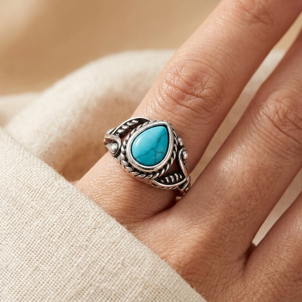 Stainless Steel Simulated Turquoise Leaf Teardrop Filigree Ring
