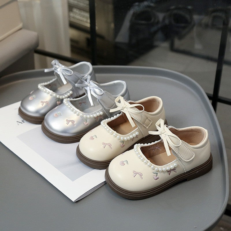 New Spring Girls Leather Shoes, Toddler Sweet Cherry & Bow Princess Shoes, Pearl Trim Soft Sole Kids Flats