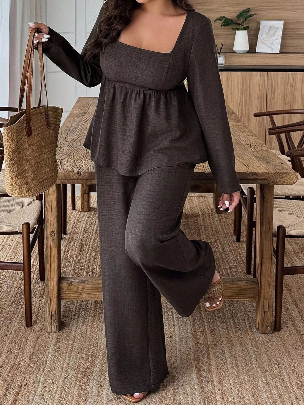 Square Neck Long Sleeve Top and Pants Two-Piece Set