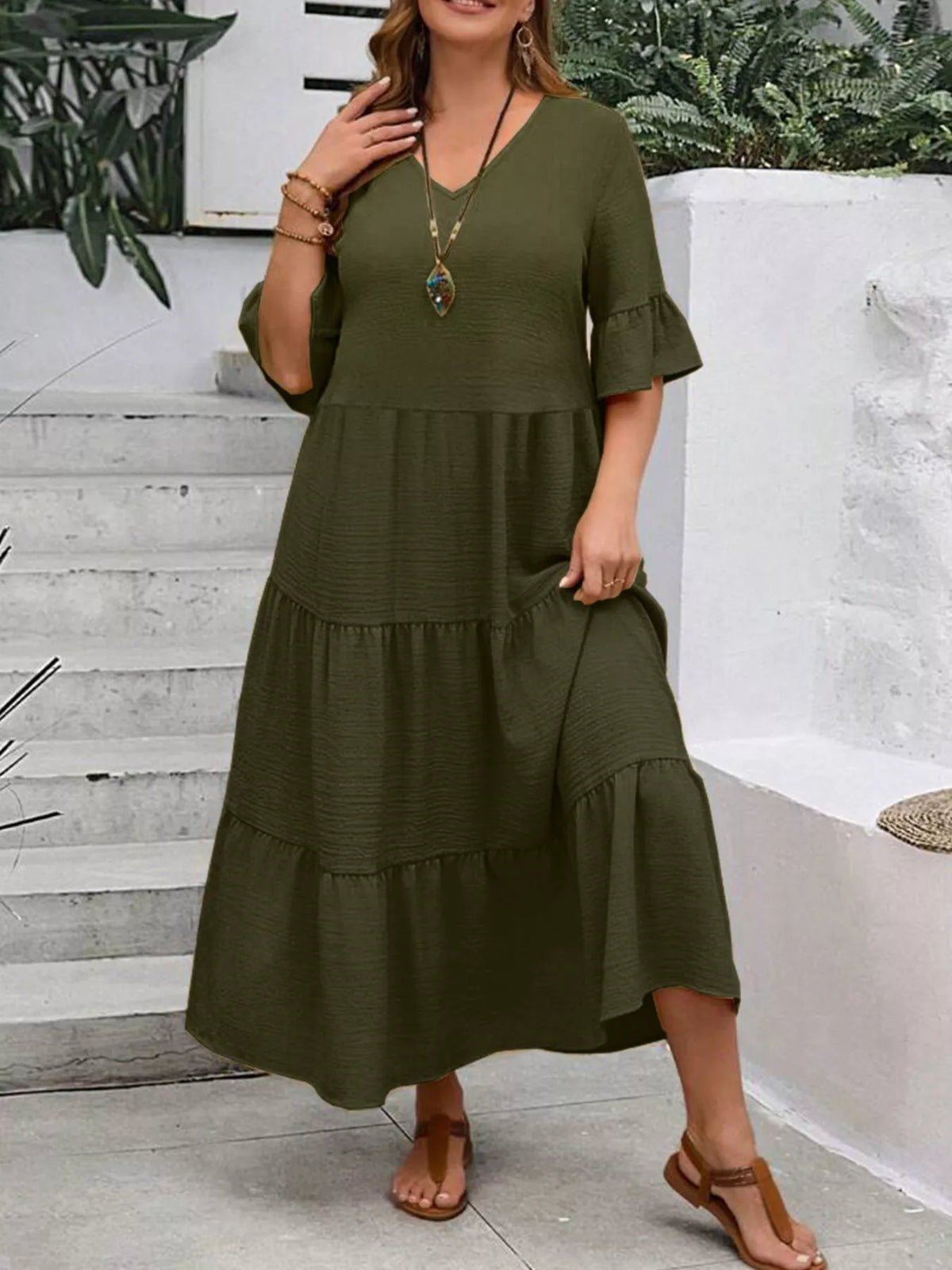Ruffle Sleeves Tiered Midi Dress