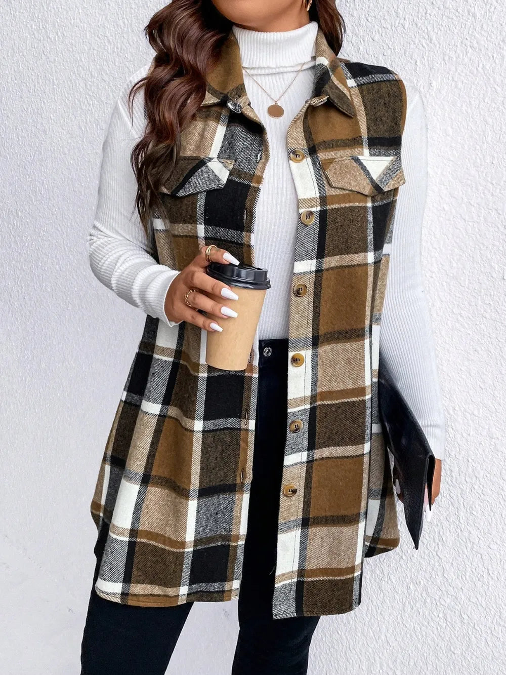 Pocketed Plaid Button Up Vest Coat
