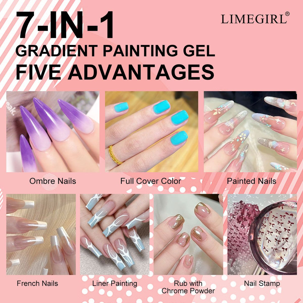 Limegirl Gradient Painting Gel, 9 Bright Colors Ombre GelNail Polish for Pigment Pat Nails Nails French ManicureSoak Off UV Set