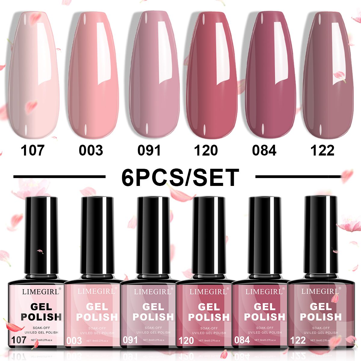 LIMEGIRL 6pcs Gel Polish Set 6 Vibrant Colors UV Gel NailPolish Red Blue Green Hema TMPTA TPO 3-free AllSeasons NailGel for Christmas Gift Women Girls