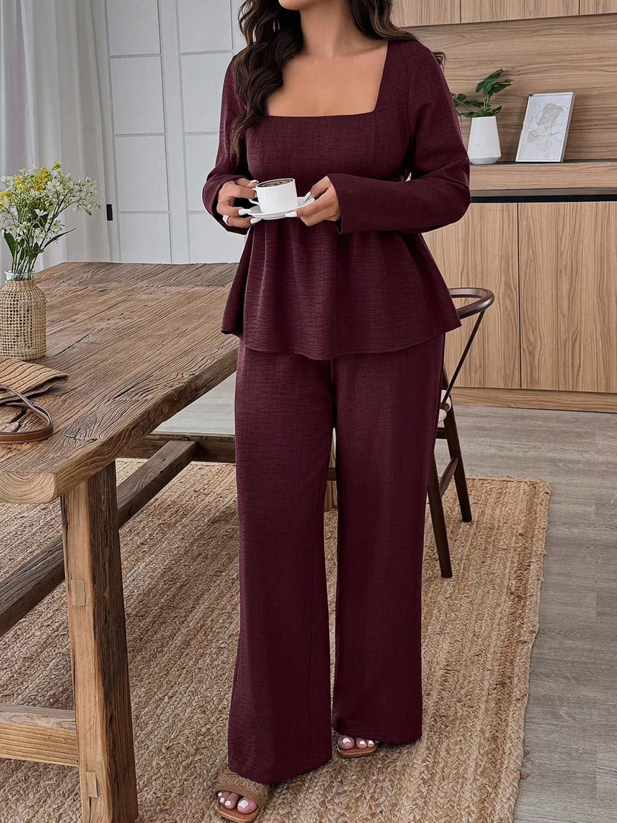Square Neck Long Sleeve Top and Pants Two-Piece Set