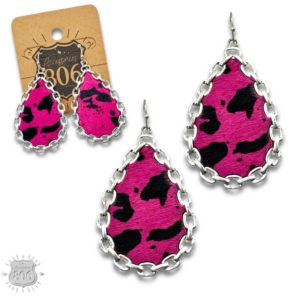 Chain link, cow print teardrop earring, last call