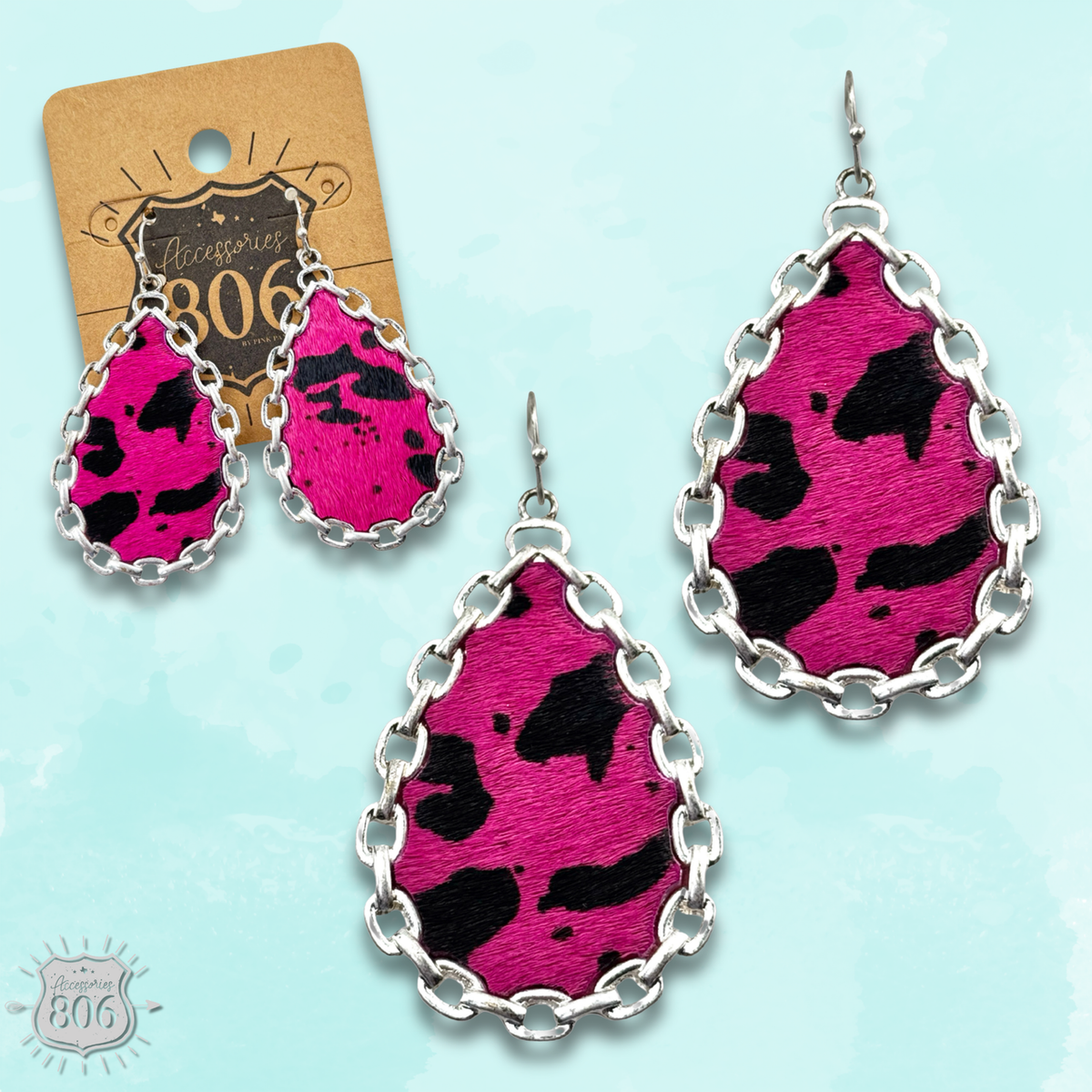 Chain link, cow print teardrop earring, last call