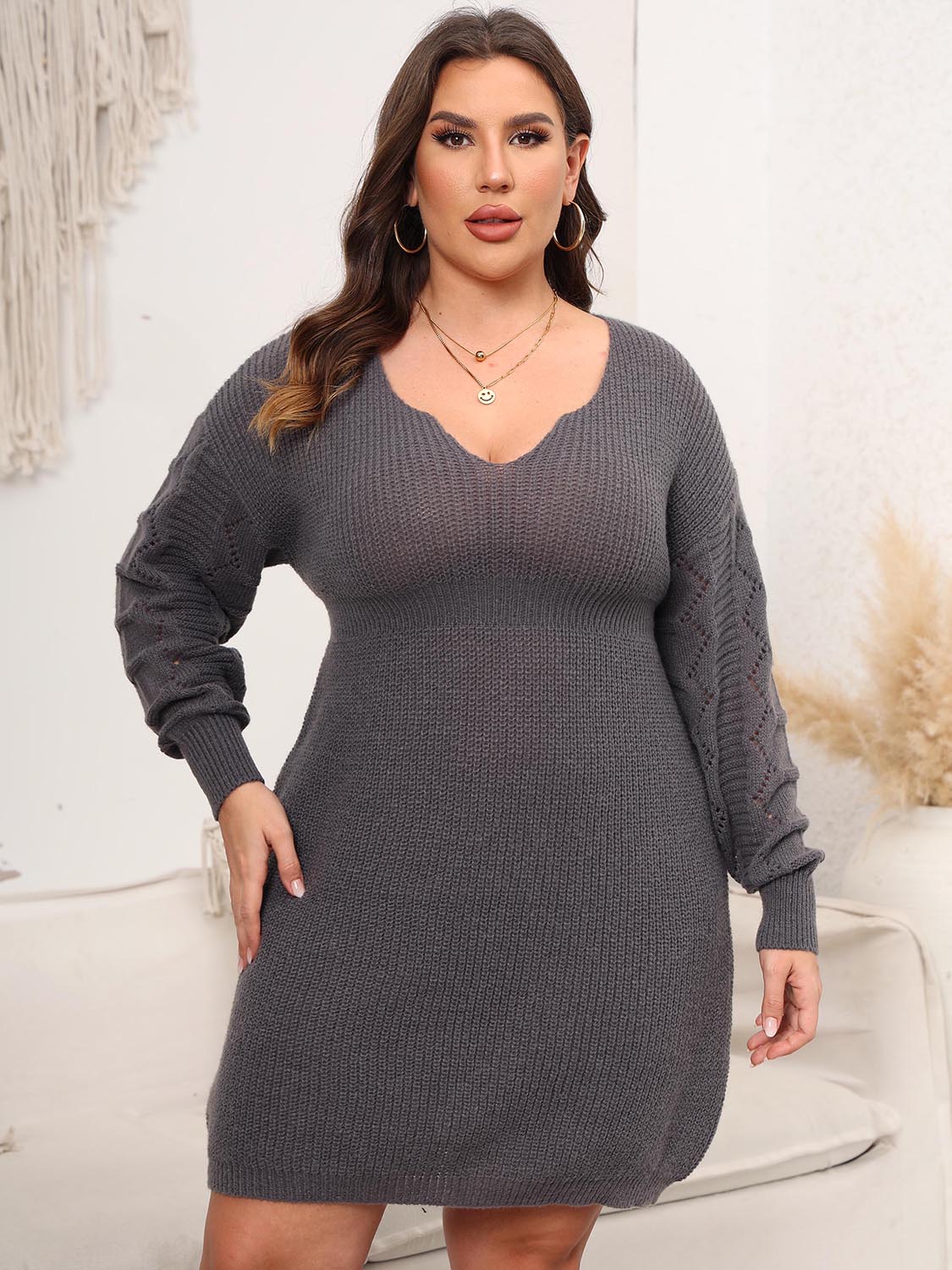 Dropped Shoulder Long Sleeve Knit Mini Dress