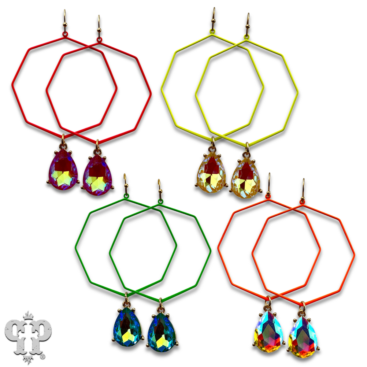 Neon octagon earring with rhinestone teardrop charm