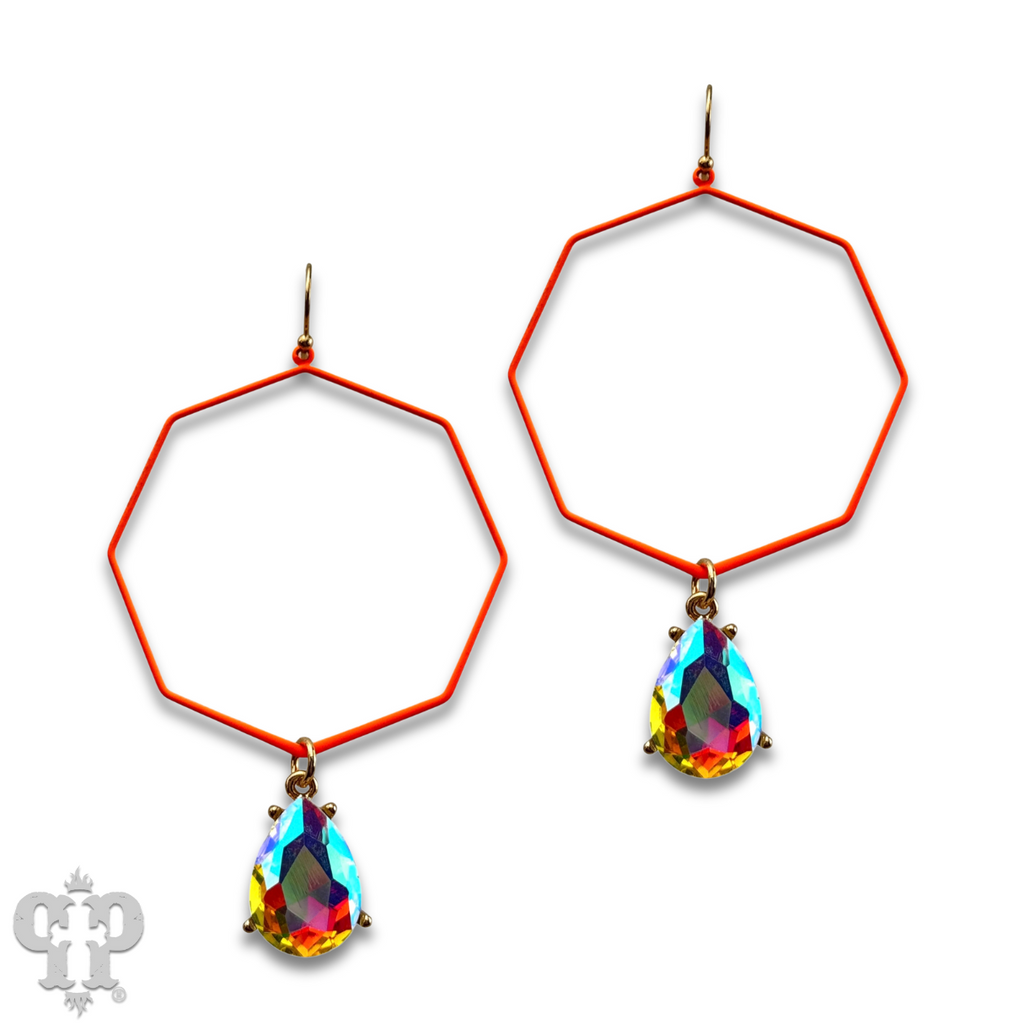 Neon octagon earring with rhinestone teardrop charm