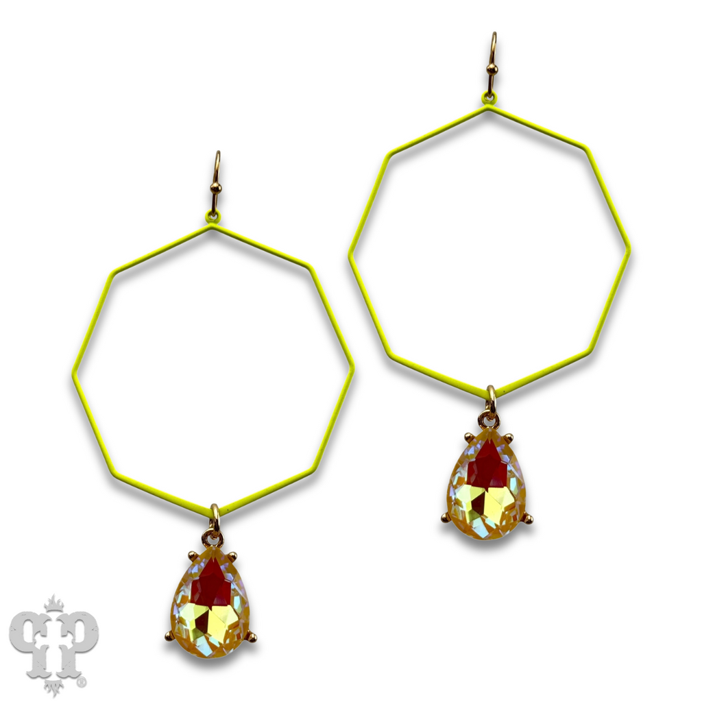 Neon octagon earring with rhinestone teardrop charm