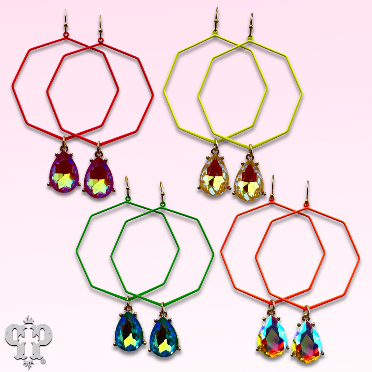 Neon octagon earring with rhinestone teardrop charm