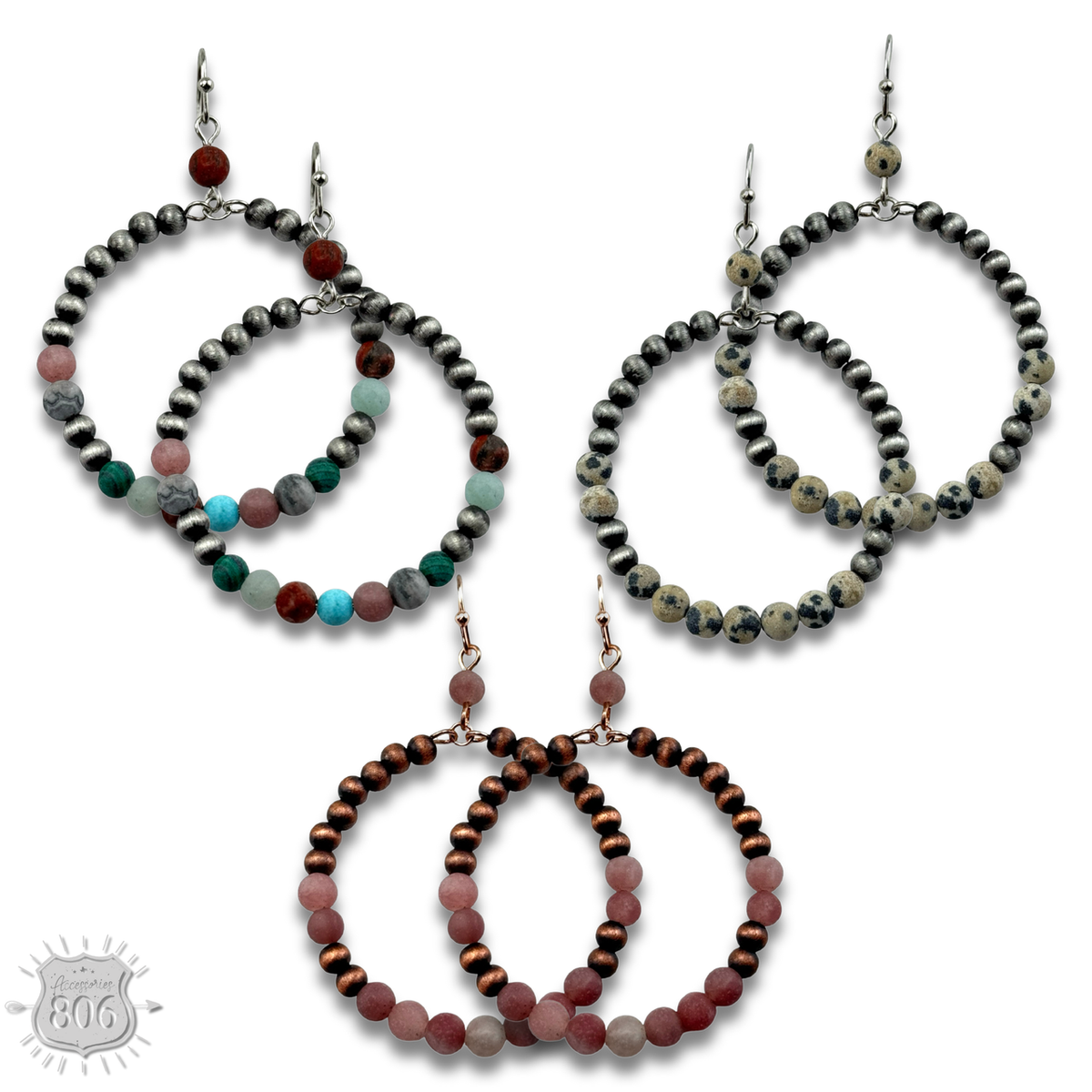Burnished bead and stone circle earring - LC