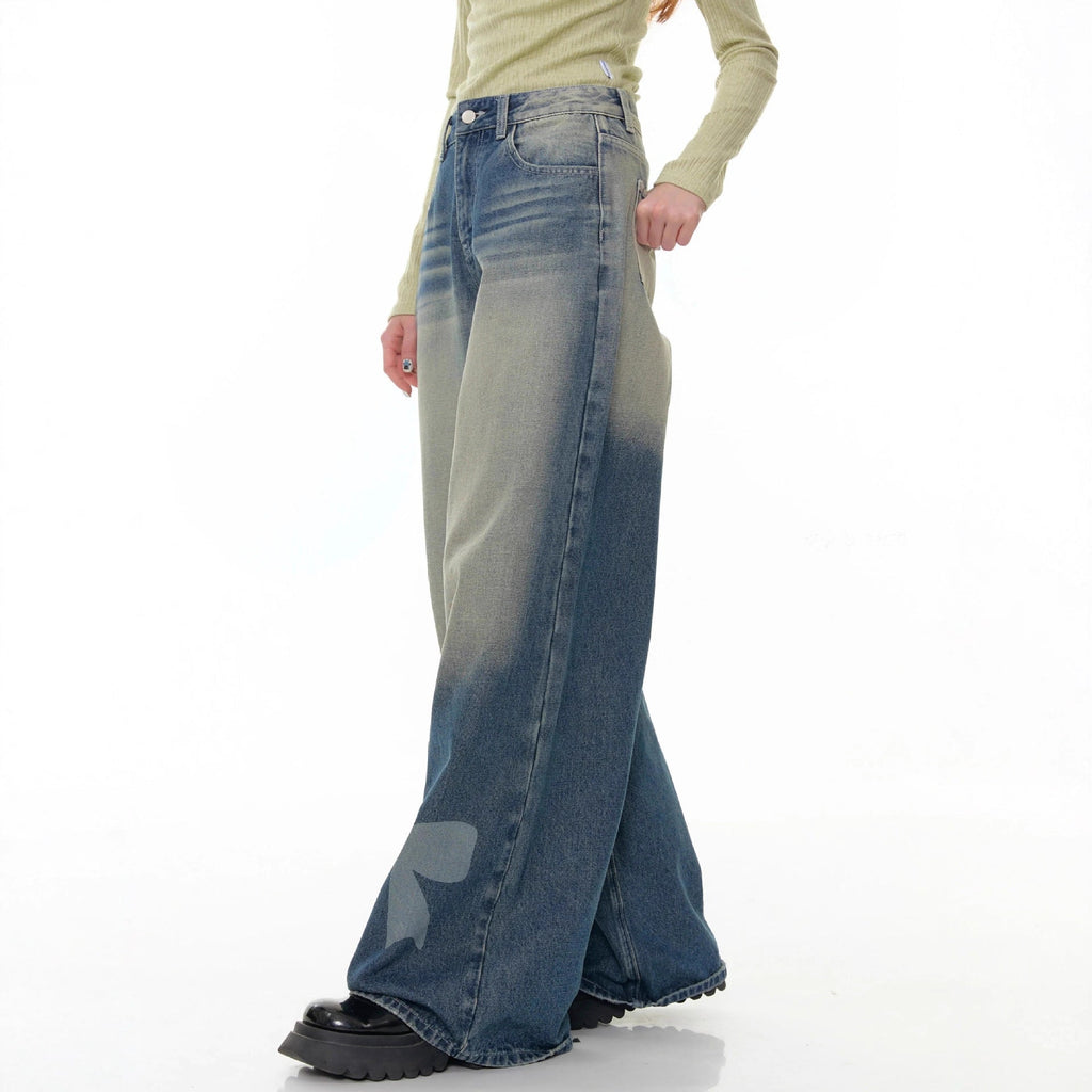 Retro Wide-leg Bow-tie Printed Washed Denim Jeans