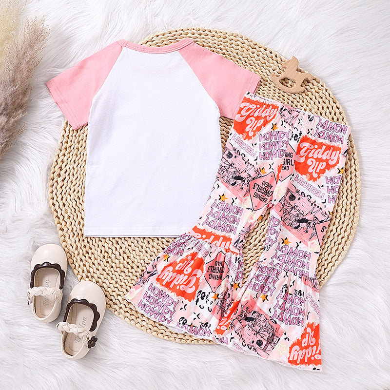 Children Girls' Contrast Color Letter Denim Printing Suit