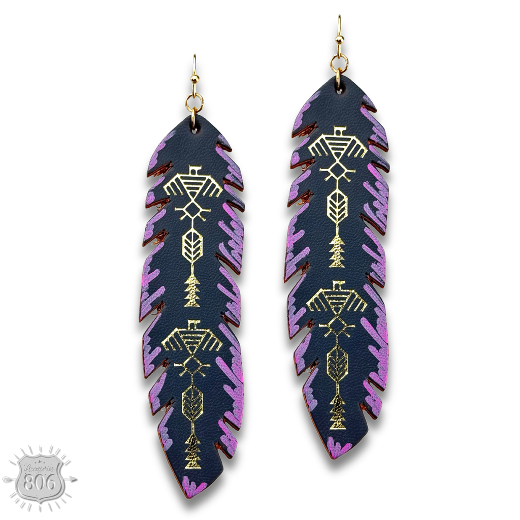 Painted leather feather earring - LC