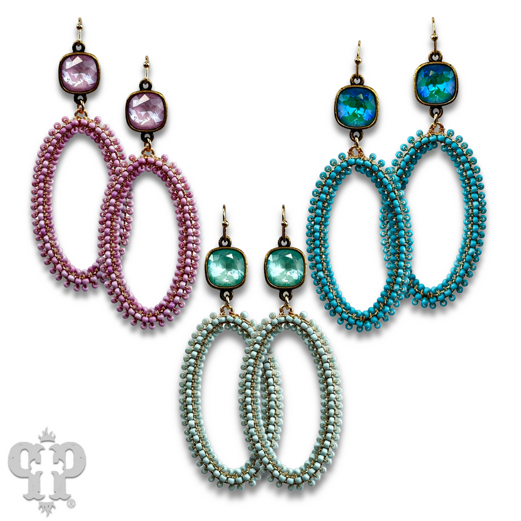 Seed bead wrapped oval shape earring with crystals from Swarovski®