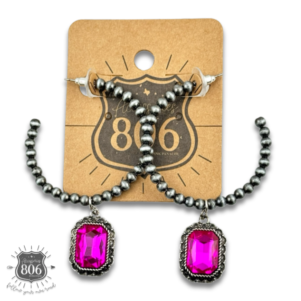 Navajo style bead hoop earring, octagon rhinestone charm