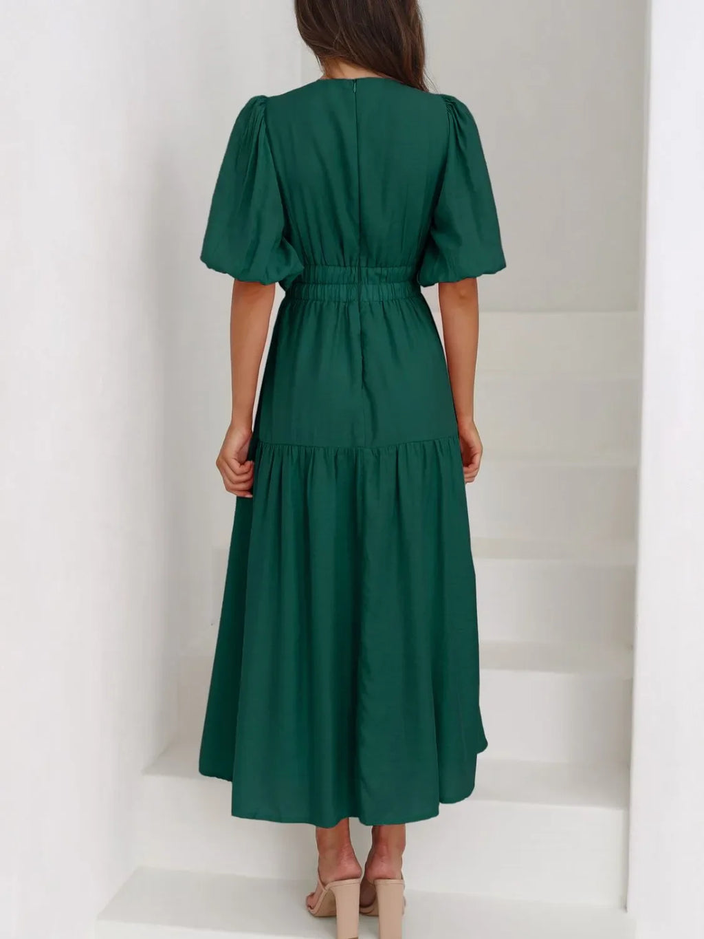 V-Neck Puff Sleeve Midi Dress