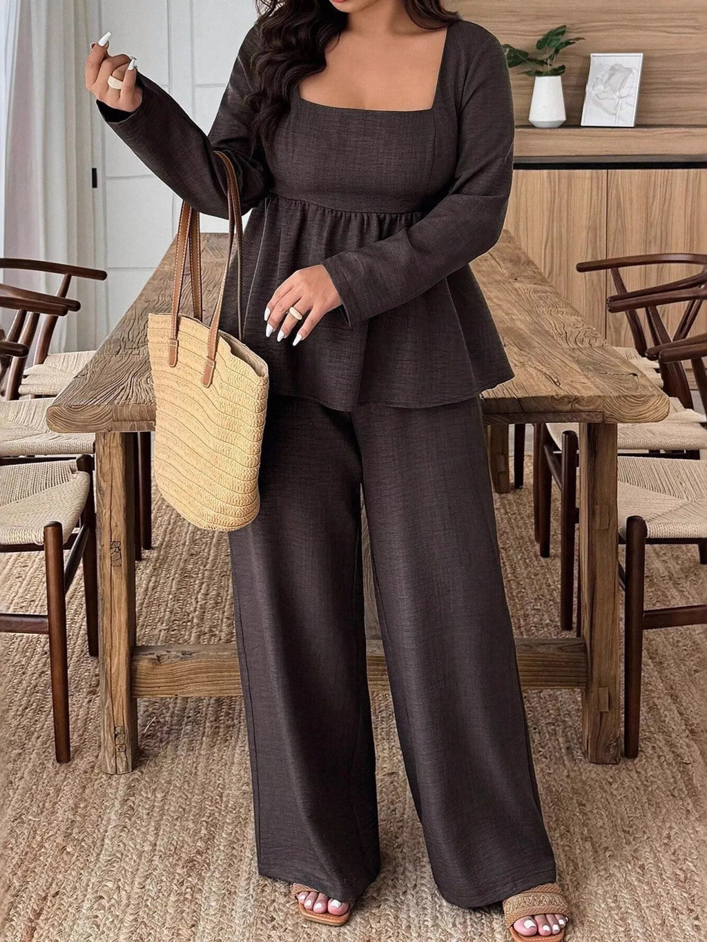 Square Neck Long Sleeve Top and Pants Two-Piece Set