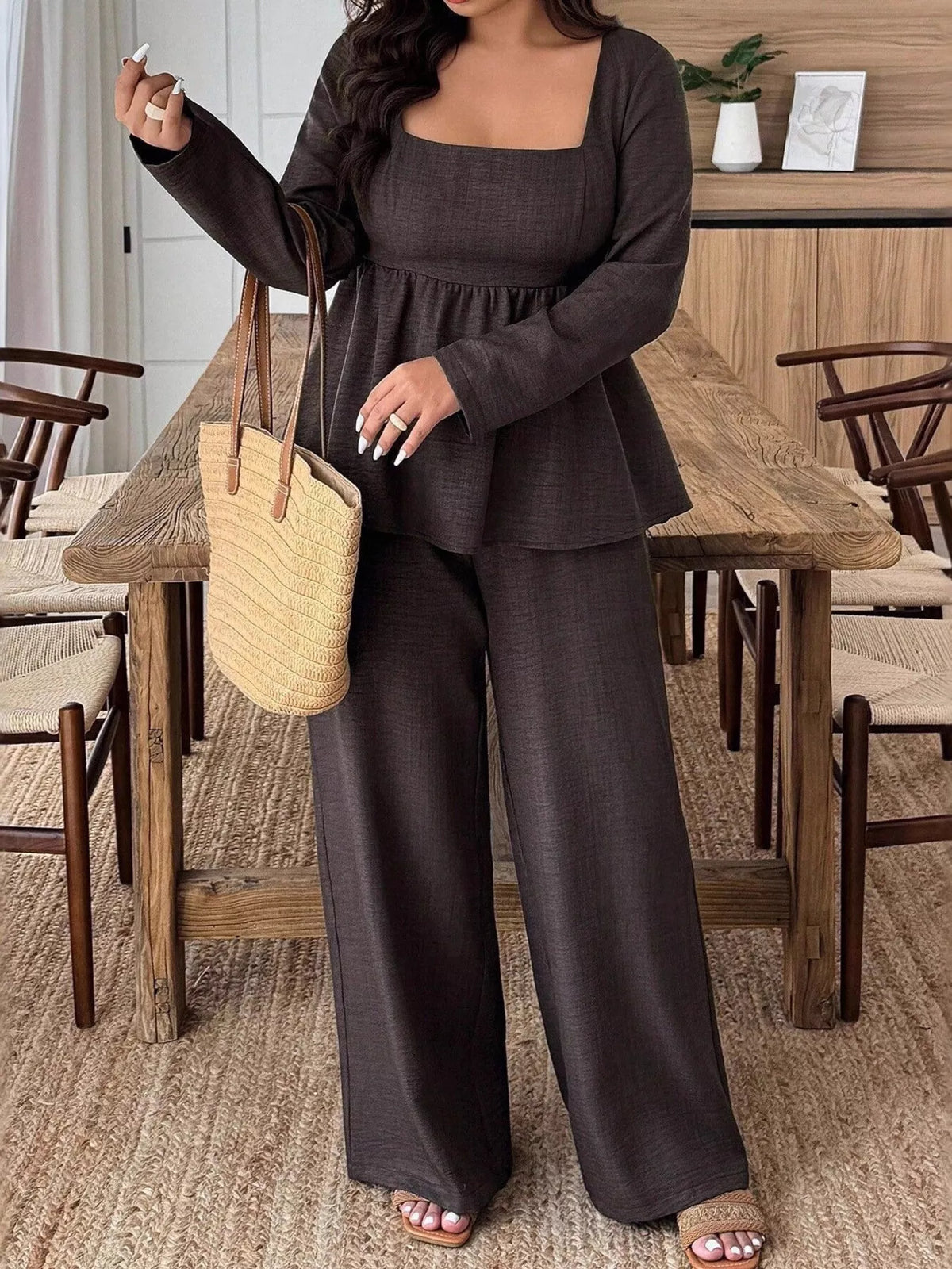 Square Neck Long Sleeve Top and Pants Two-Piece Set