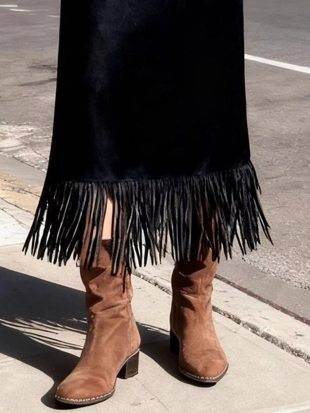Suede Fringe Midi Skirt