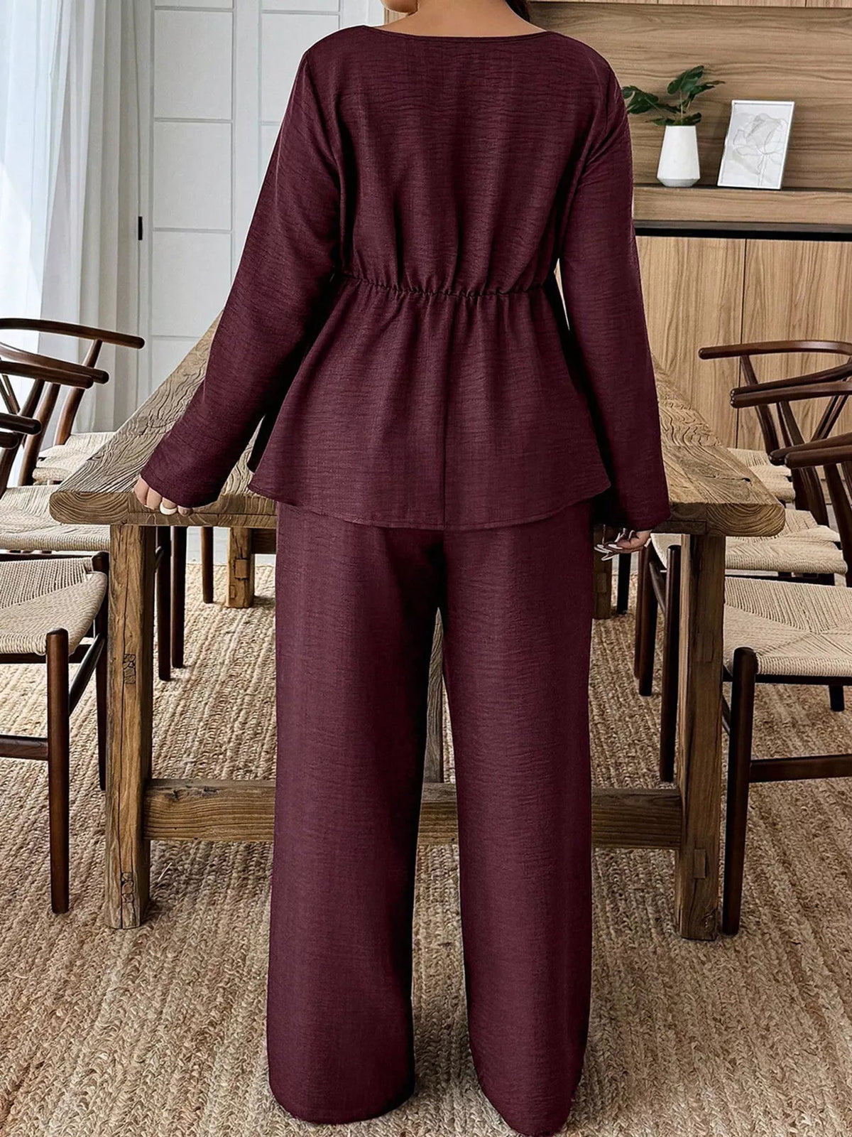 Square Neck Long Sleeve Top and Pants Two-Piece Set