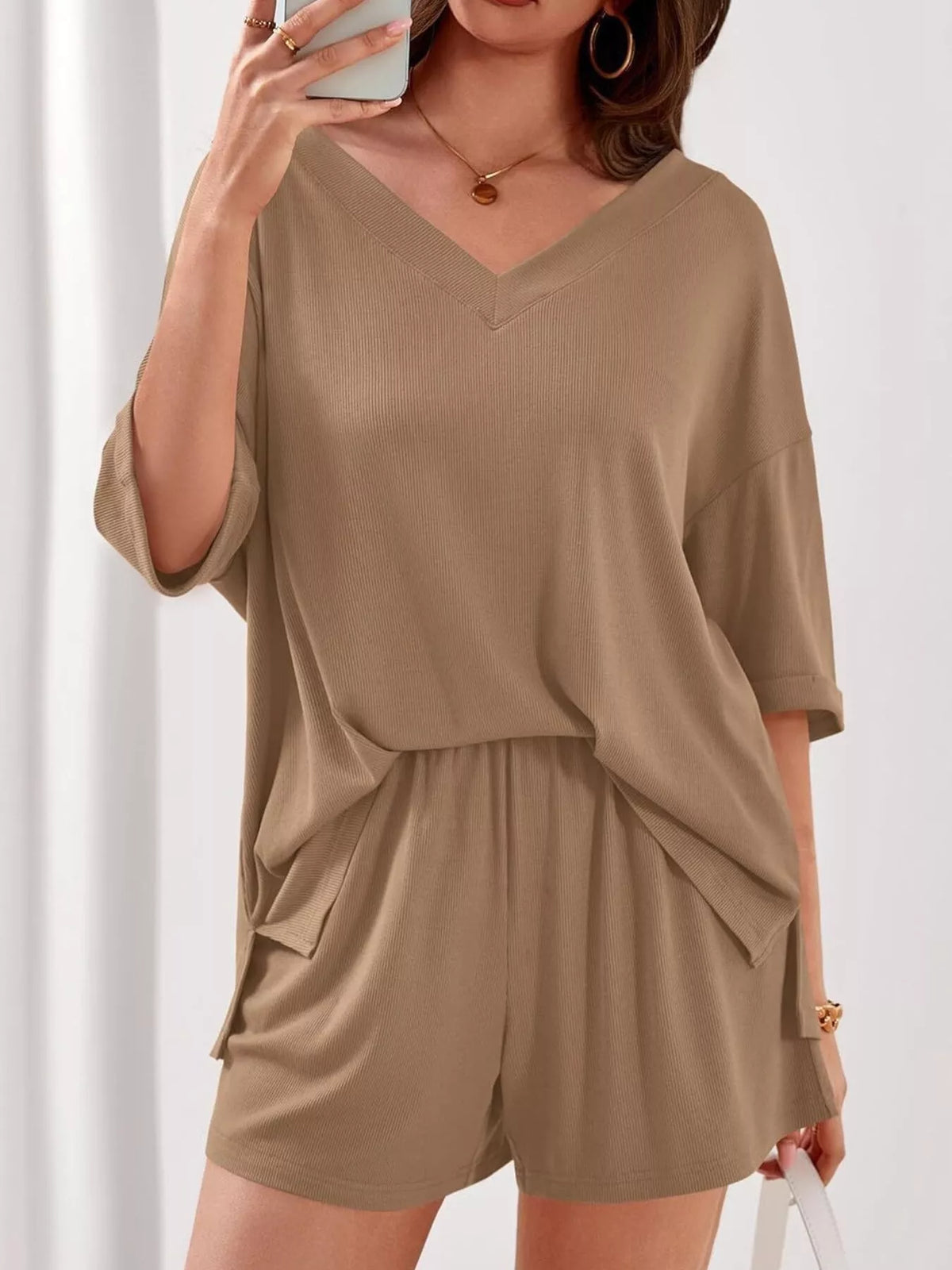 Casual Solid Color V-Neck Top & Shorts Set