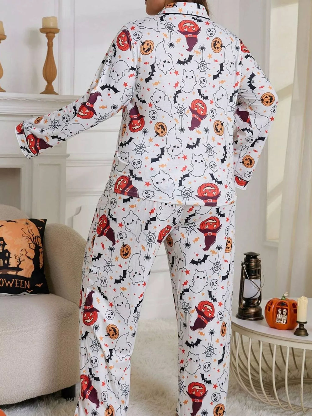 Halloween Ghost and Pumpkin Print Top and Pants Lounge Set