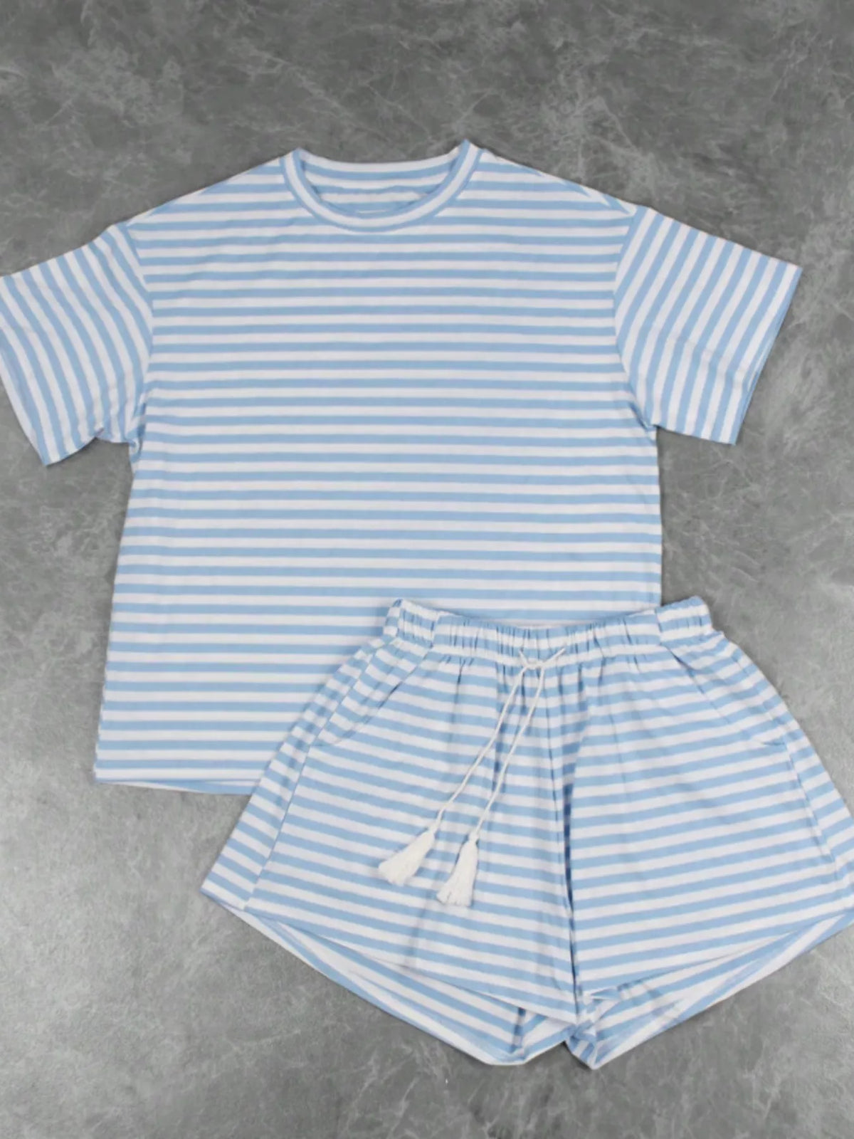 Striped Short Sleeve Tee and Drawstring Shorts Set