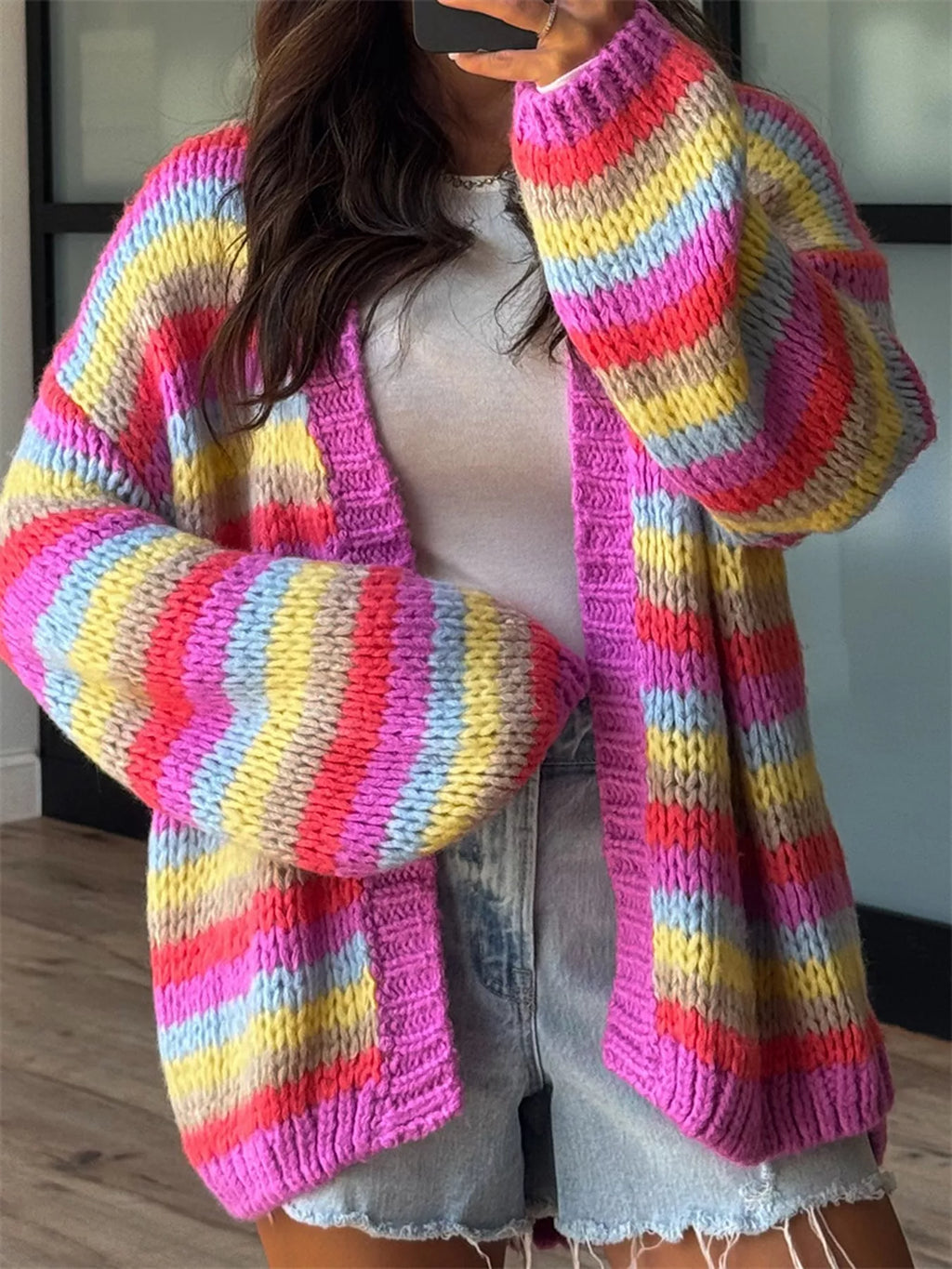 Multi-Color Striped Chunky Knit Open-Front Cardigan