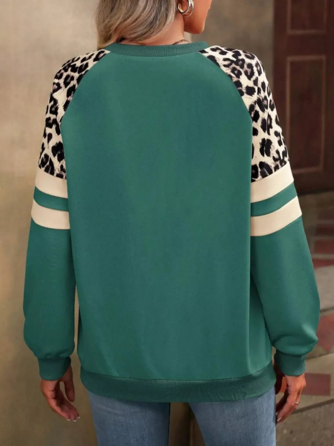 Leopard Raglan Sleeve Striped Sweatshirt