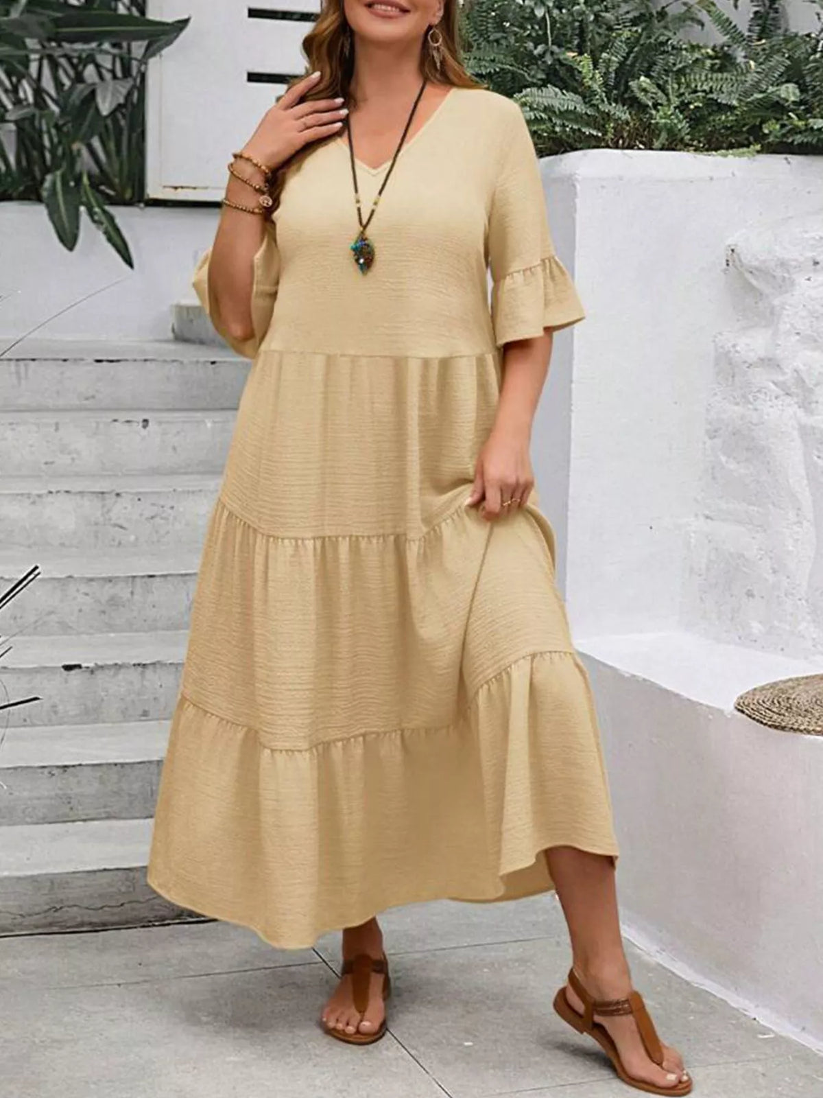 Ruffle Sleeves Tiered Midi Dress