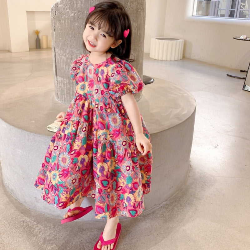 Girls' Floral Dress Short Sleeve Children's Western Style Baby