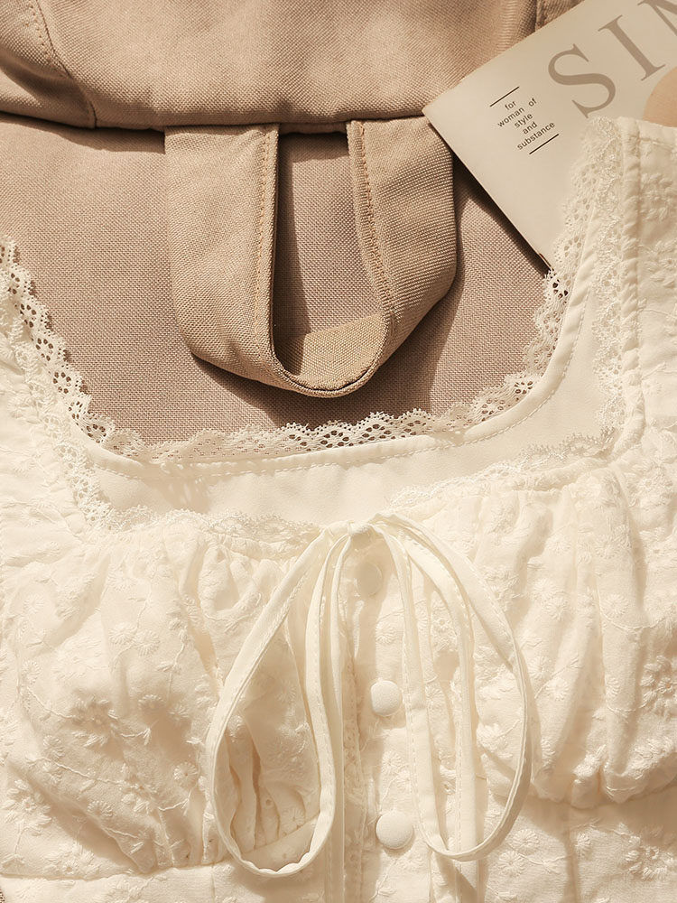 White Lace Camisole Top Summer Tie-Back Waist-Cinching Short for Women