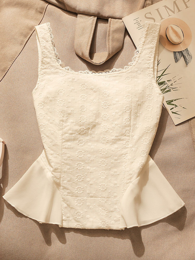 White Lace Camisole Top Summer Tie-Back Waist-Cinching Short for Women