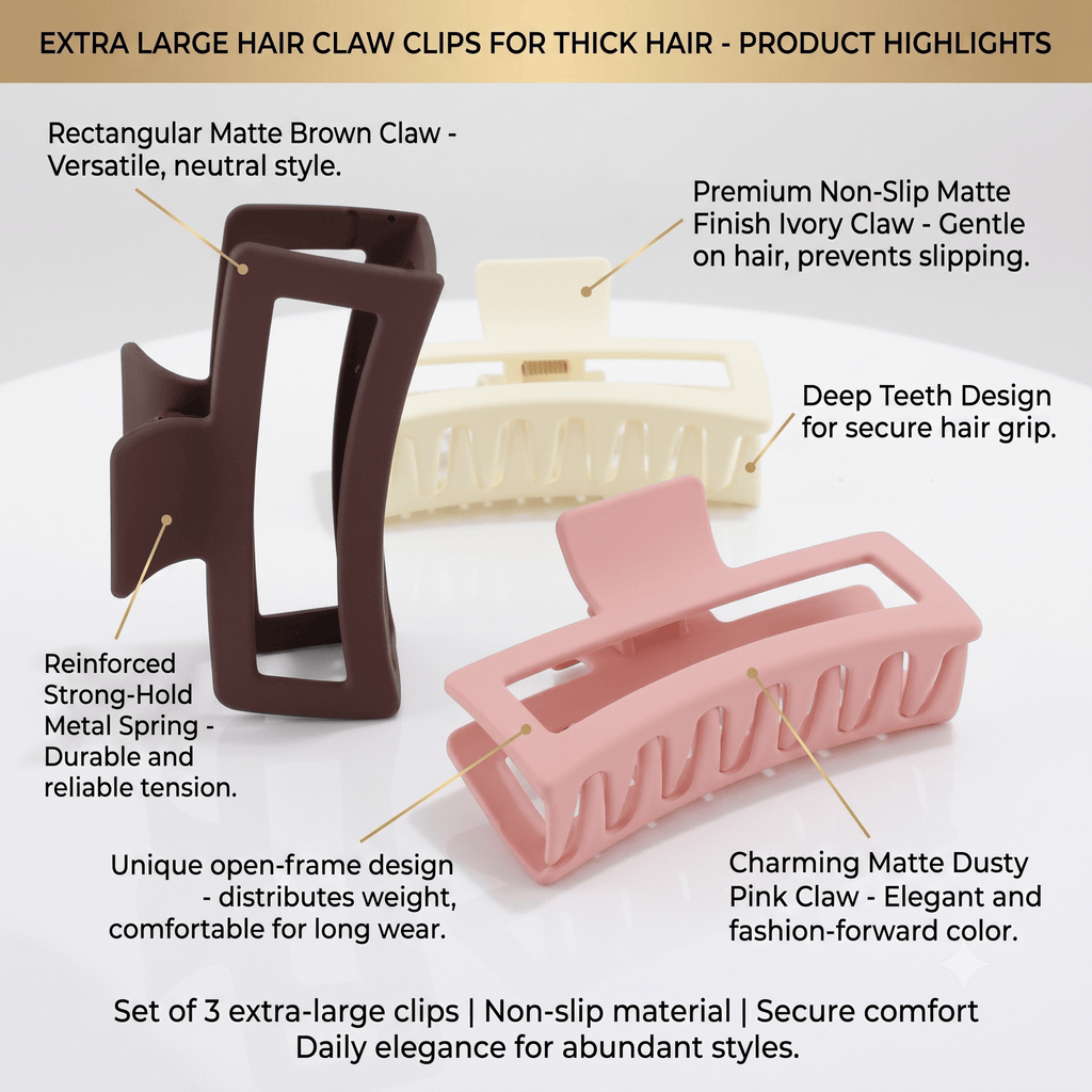 Large Hair Claw Clips – 3 Pack Matte Grip for Curly or Straight Hair