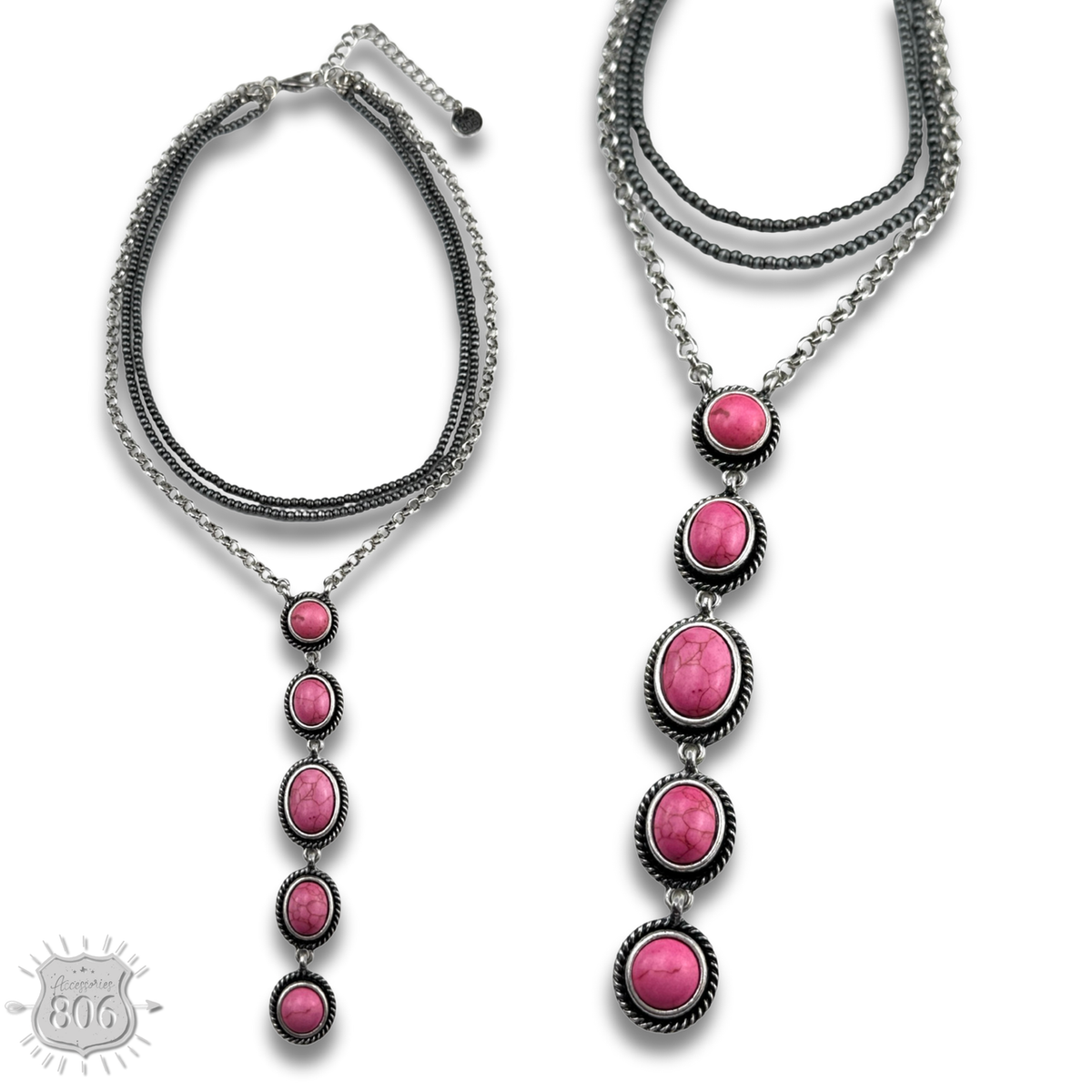 Burnished bead and stone drop Y necklace