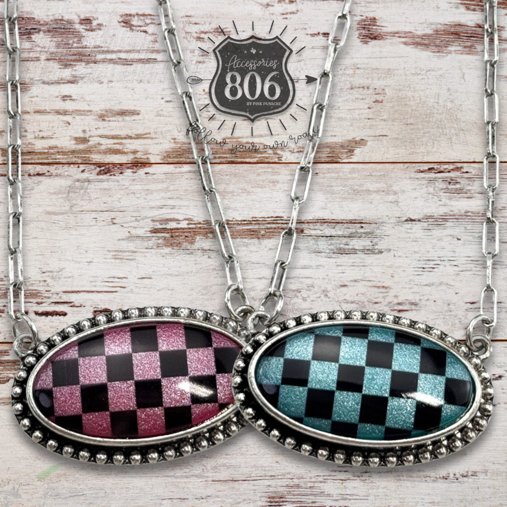 Checkerboard print oval pendant necklace