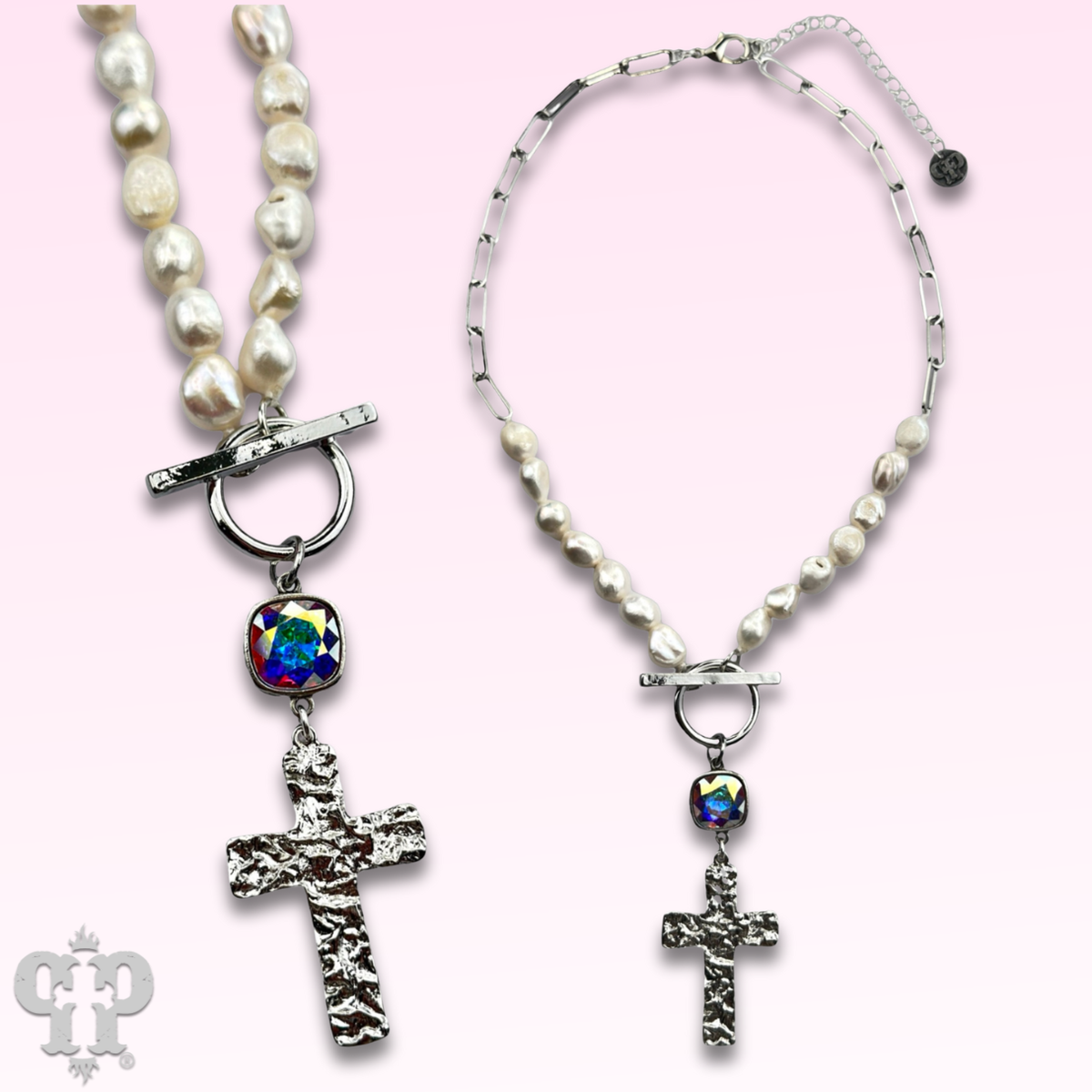 Freshwater pearl and cross neckace with crystals from Swarovski®