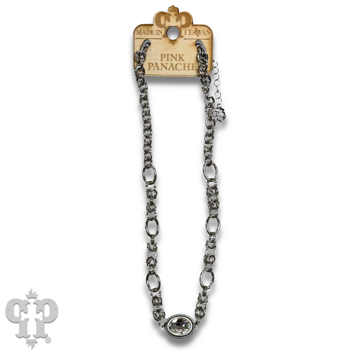 Horizontal oval crystal pendant on chain necklace