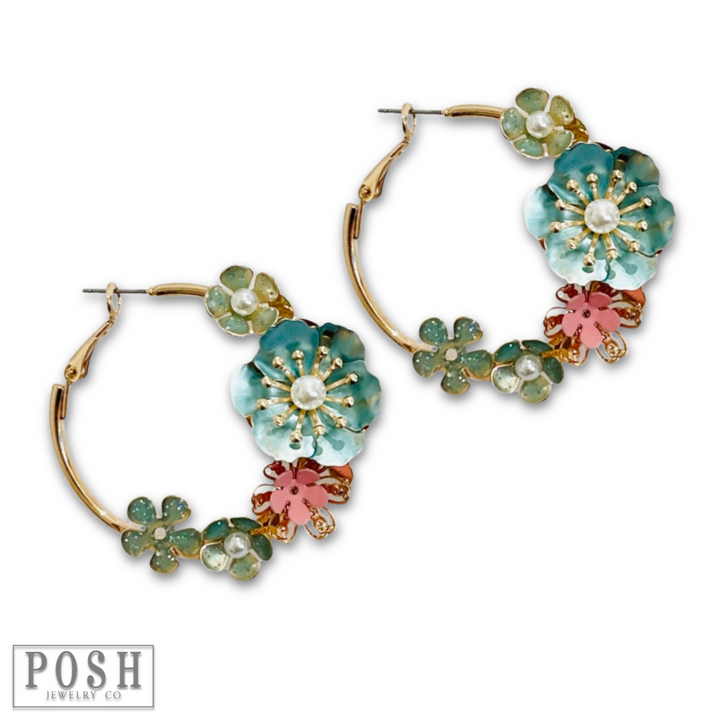 Metallic flower hoop earring, last call