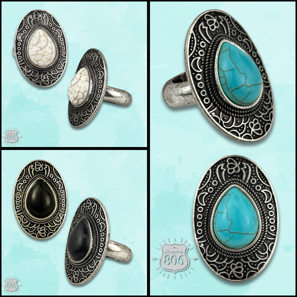 Etched oval stone ring, last call