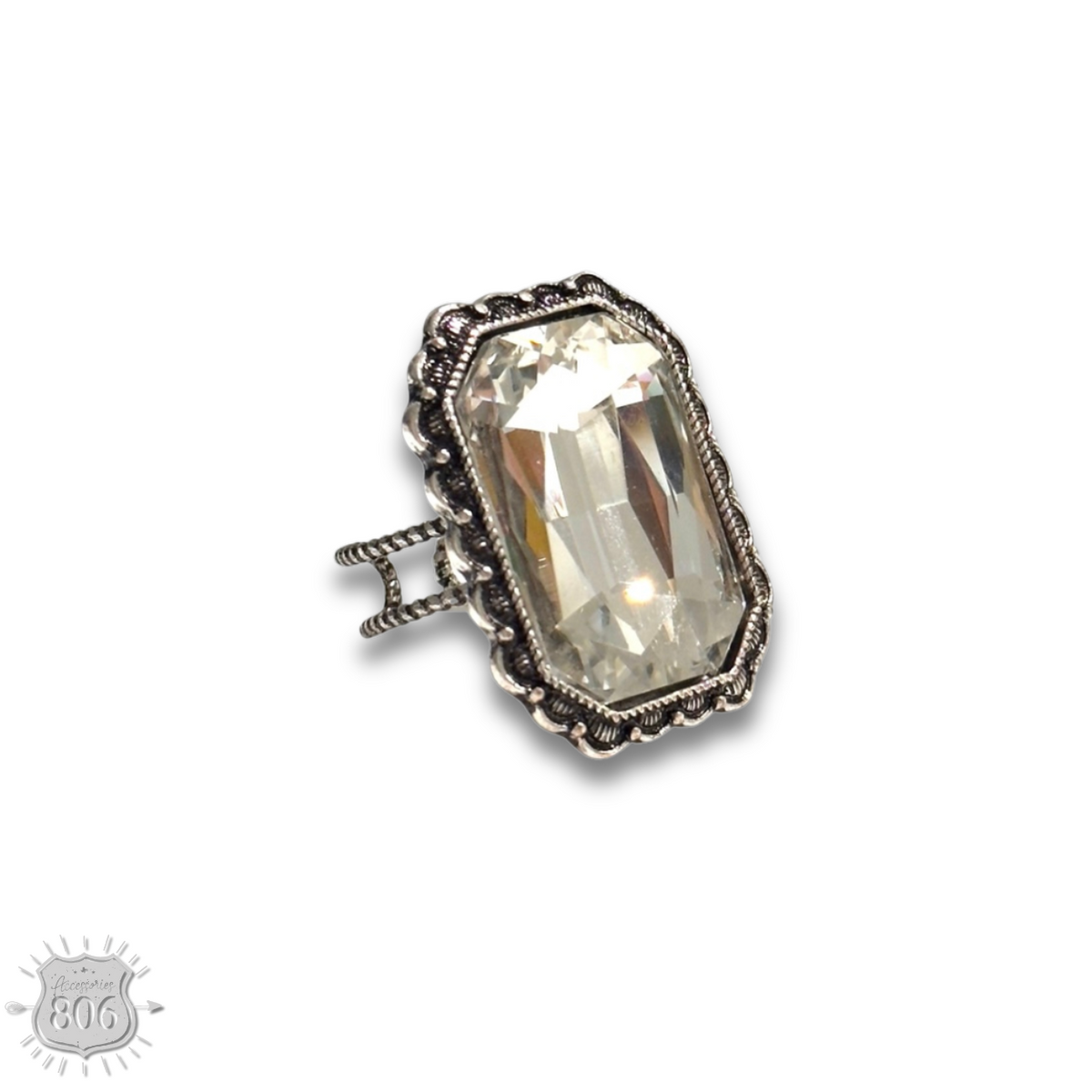 Hexagon silver and rhinestone ring