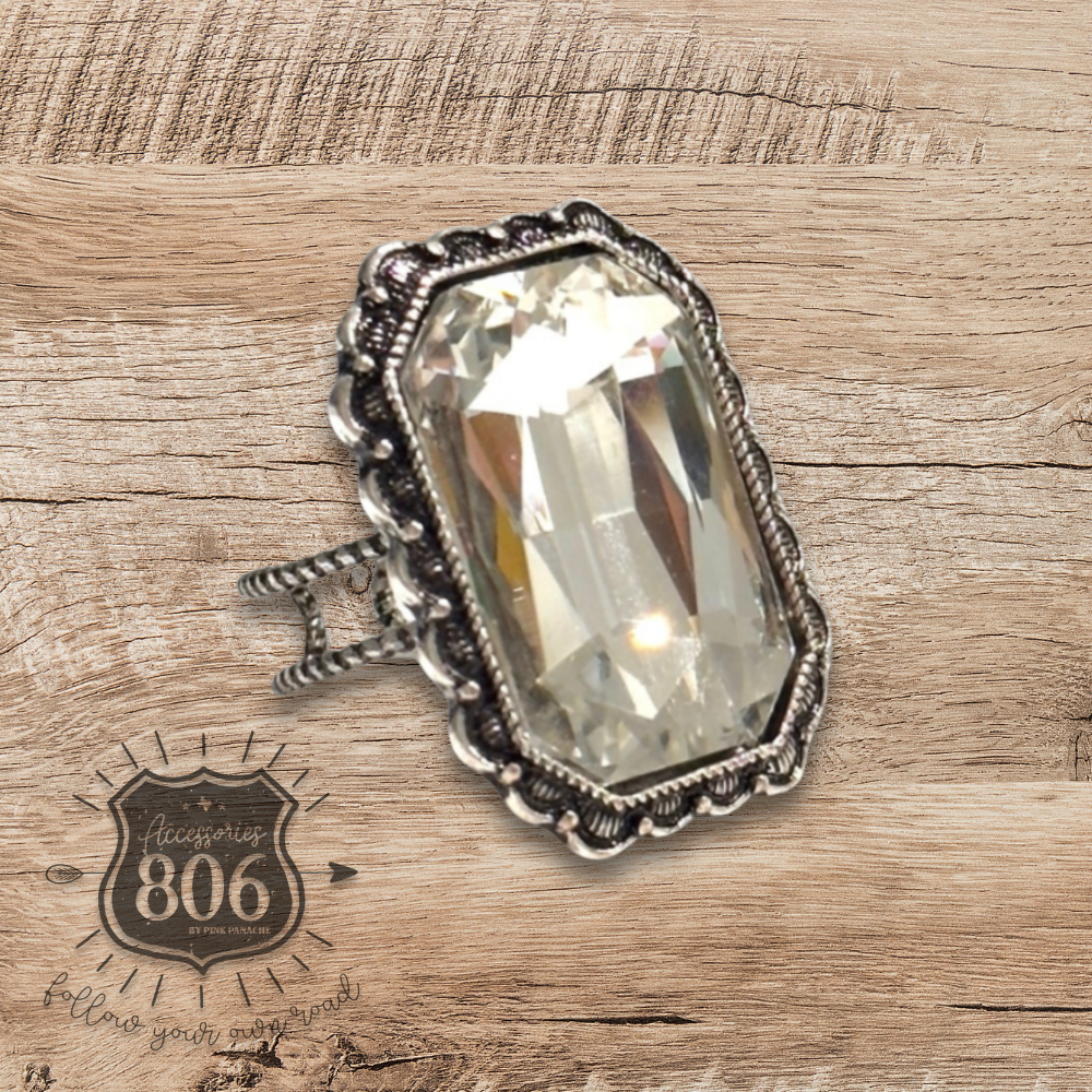 Hexagon silver and rhinestone ring