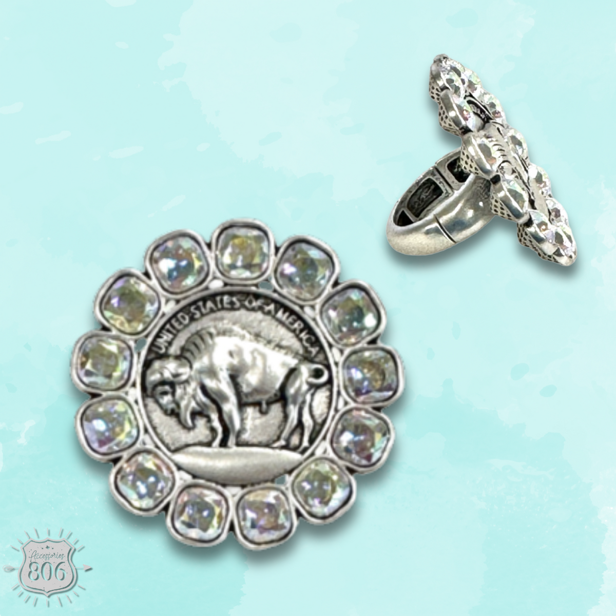 Buffalo nickel and rhinestone ring