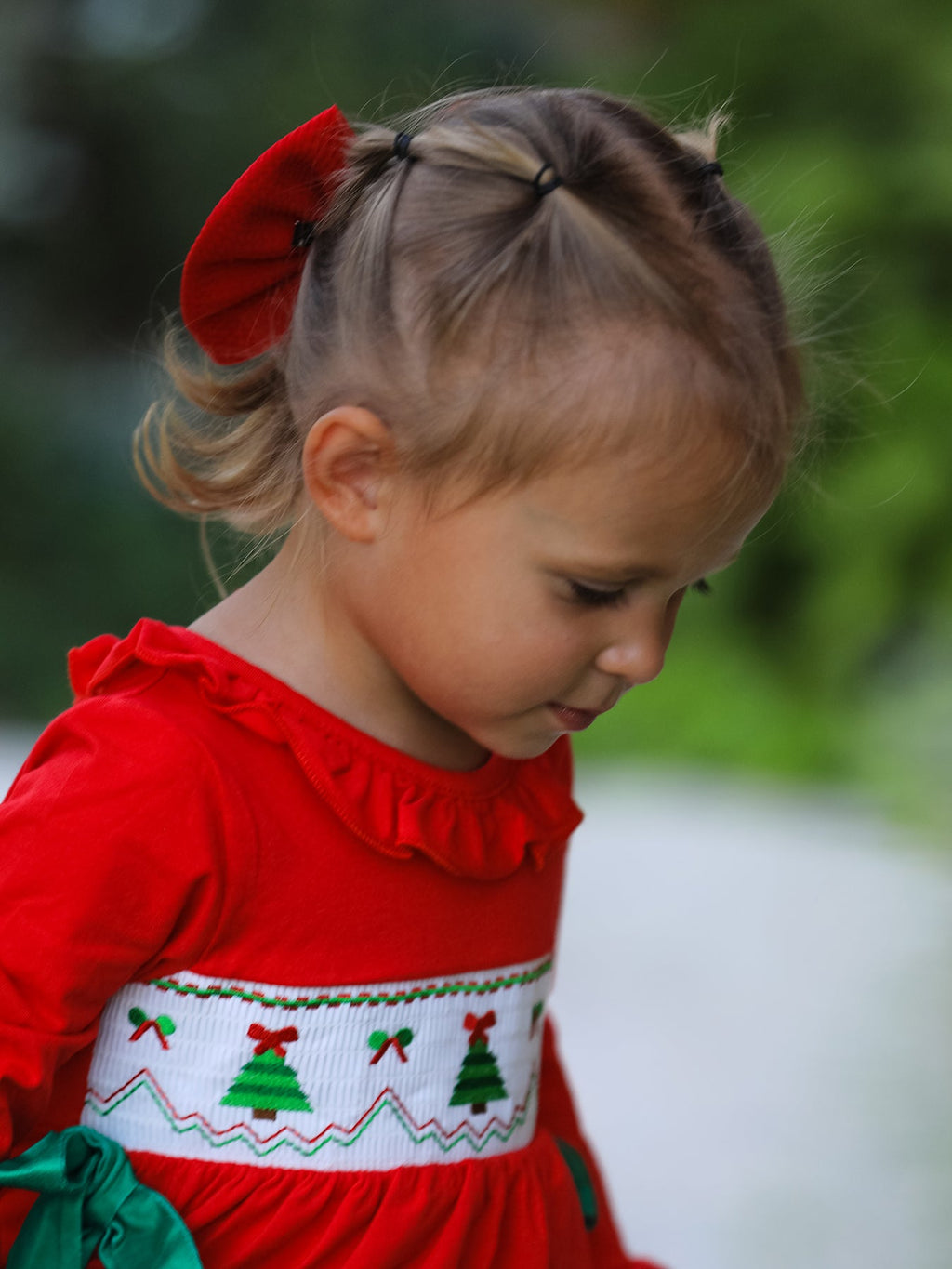 Christmas Smocked Dress with Green Bow and Tree Embroidery