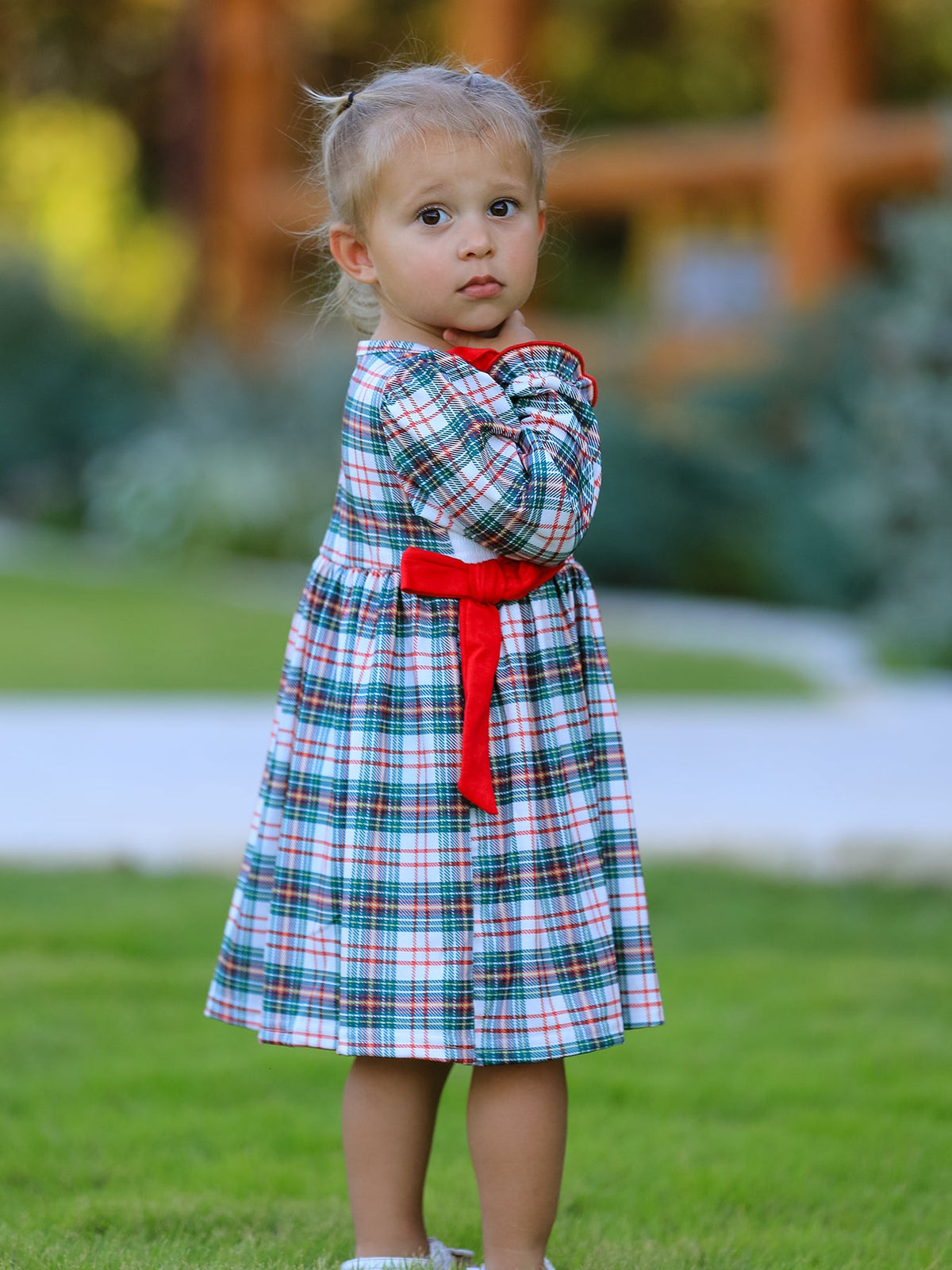 Christmas Embroidery Smocking Bow Plaid Girls Dress