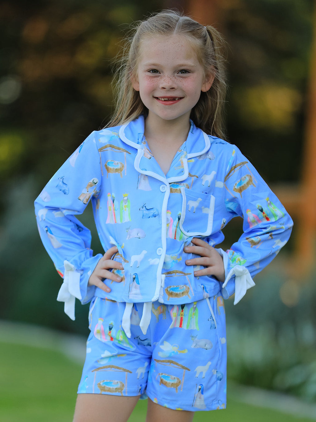 Blue Christmas Nativity Pattern Girls Pajamas Set